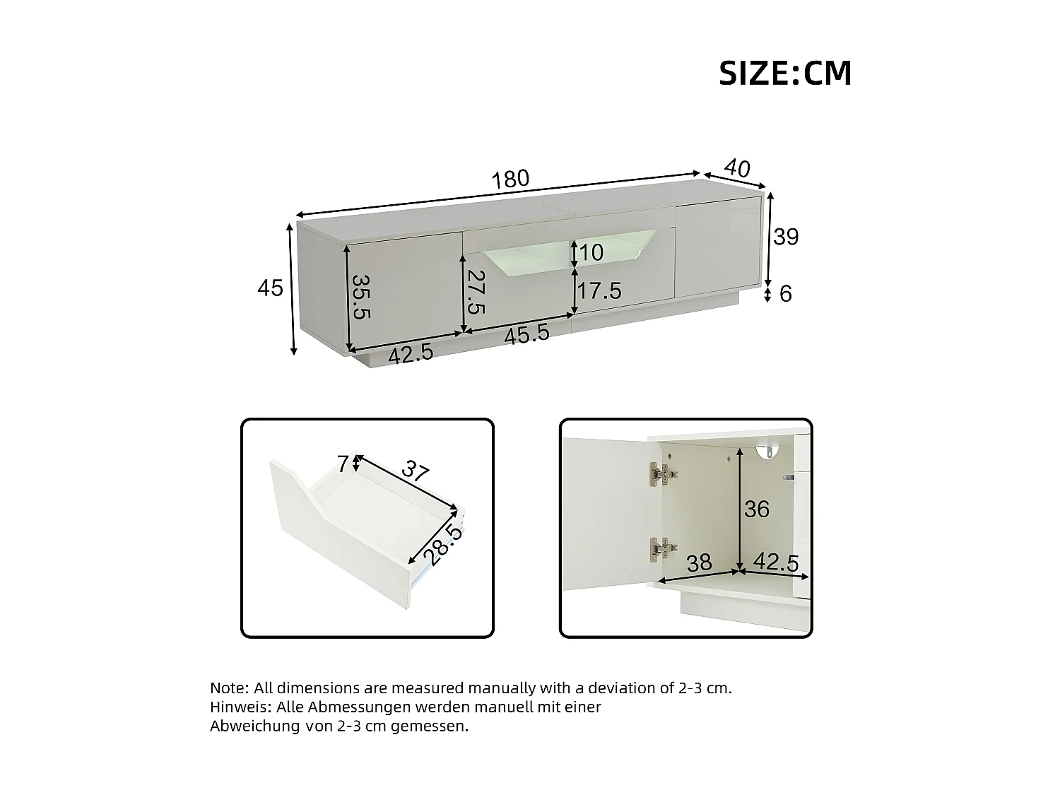 Hochglanz-TV-Schrank 180×40×45 cm - mit LED-Beleuchtung - 2 Schubladen und 2 Türen - Für 75-Zoll-Fernseher geeignet - weiß