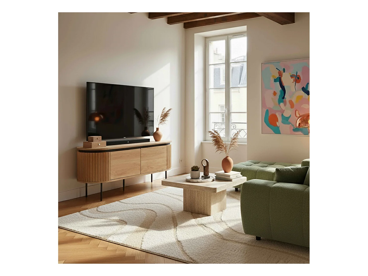 Meuble TV rectangulaire 2 portes L120 cm effet bois clair