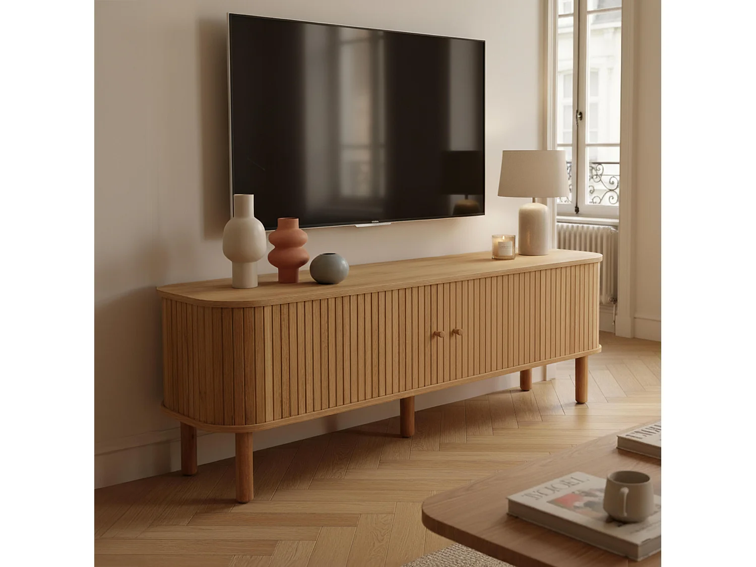 Meuble TV scandinave rectangulaire 2 portes L150 cm effet bois clair