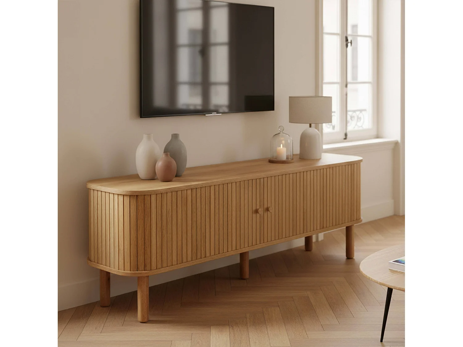 Meuble TV scandinave rectangulaire 2 portes L150 cm effet bois clair
