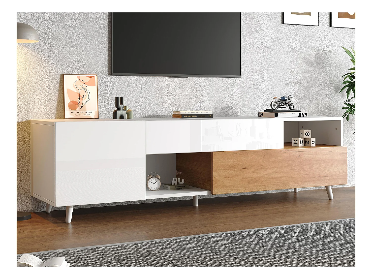 Meuble TV brillant 180x38x50 cm - 2 portes et 1 tiroir - Compatible avec téléviseurs 75 pouces - Blanc et naturel