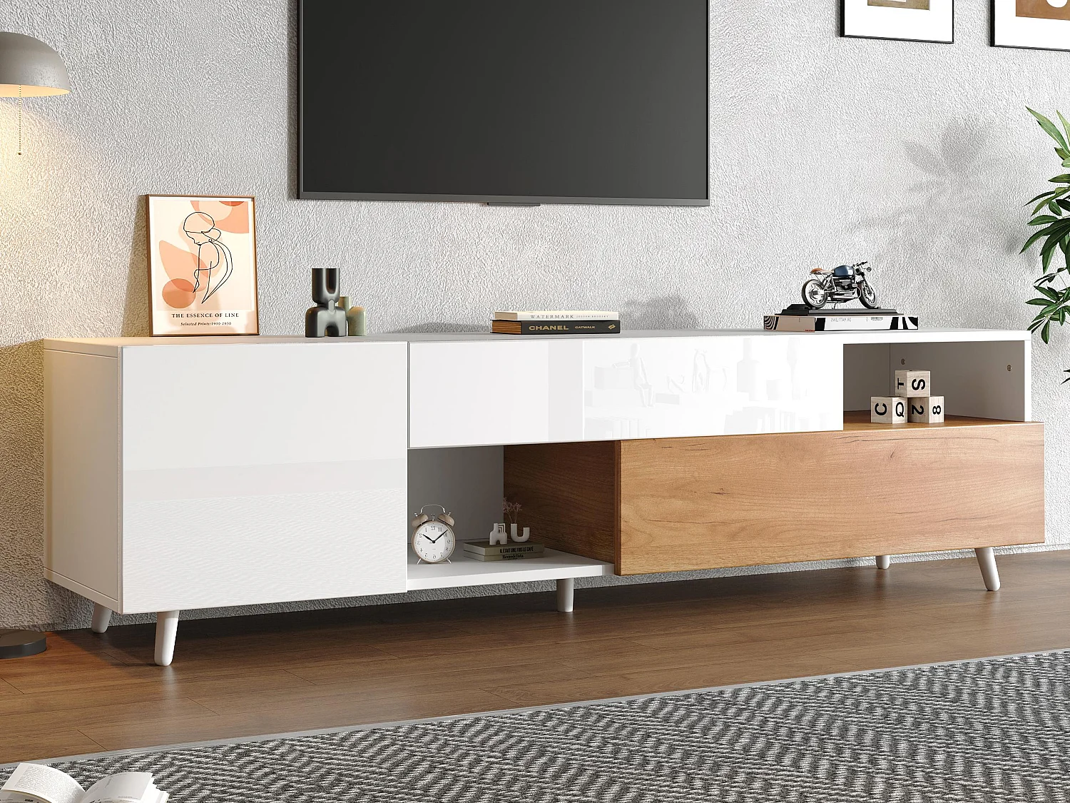 Meuble TV brillant 180x38x50 cm - 2 portes et 1 tiroir - Compatible avec téléviseurs 75 pouces - Blanc et naturel