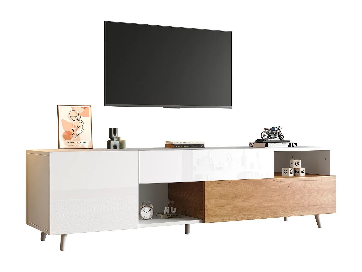 Meuble TV brillant 180x38x50 cm - 2 portes et 1 tiroir - Compatible avec téléviseurs 75 pouces - Blanc et naturel