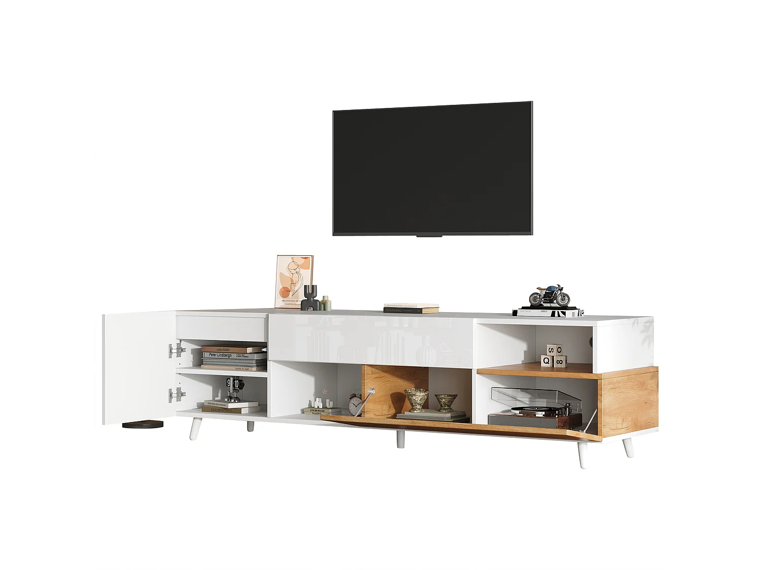 Meuble TV brillant 180x38x50 cm - 2 portes et 1 tiroir - Compatible avec téléviseurs 75 pouces - Blanc et naturel
