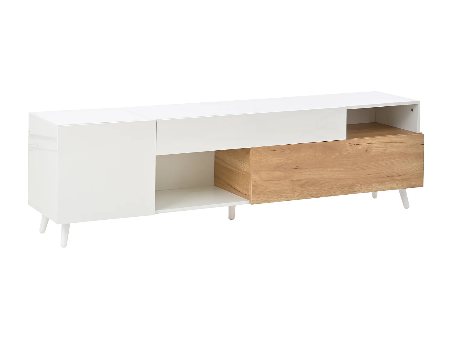 Meuble TV brillant 180x38x50 cm - 2 portes et 1 tiroir - Compatible avec téléviseurs 75 pouces - Blanc et naturel