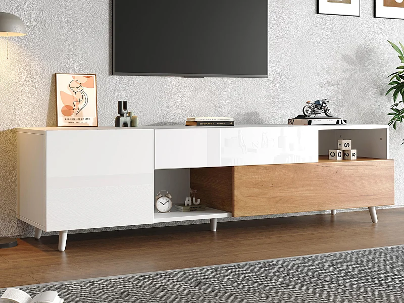 Meuble TV brillant 180x38x50 cm - 2 portes et 1 tiroir - Compatible avec téléviseurs 75 pouces - Blanc et naturel