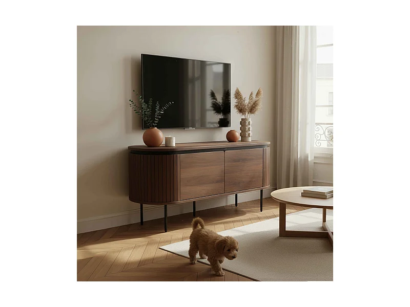 Meuble TV rectangulaire 2 portes L120 cm effet bois foncé