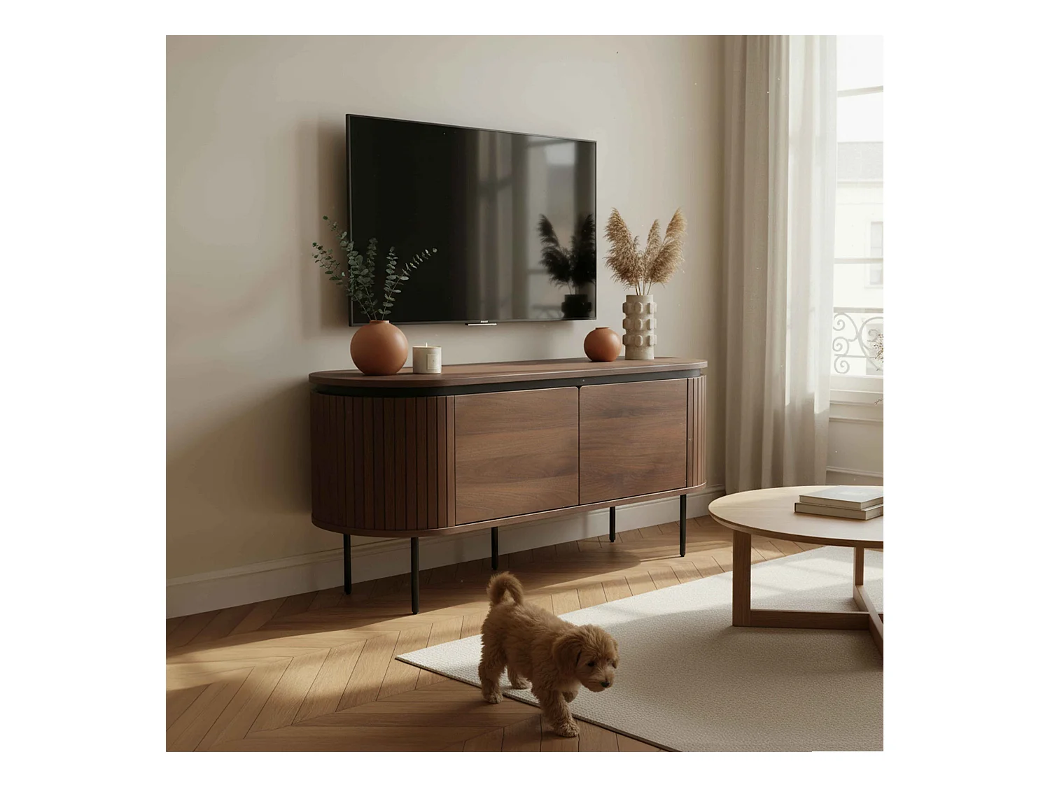 Meuble TV rectangulaire 2 portes L120 cm effet bois foncé