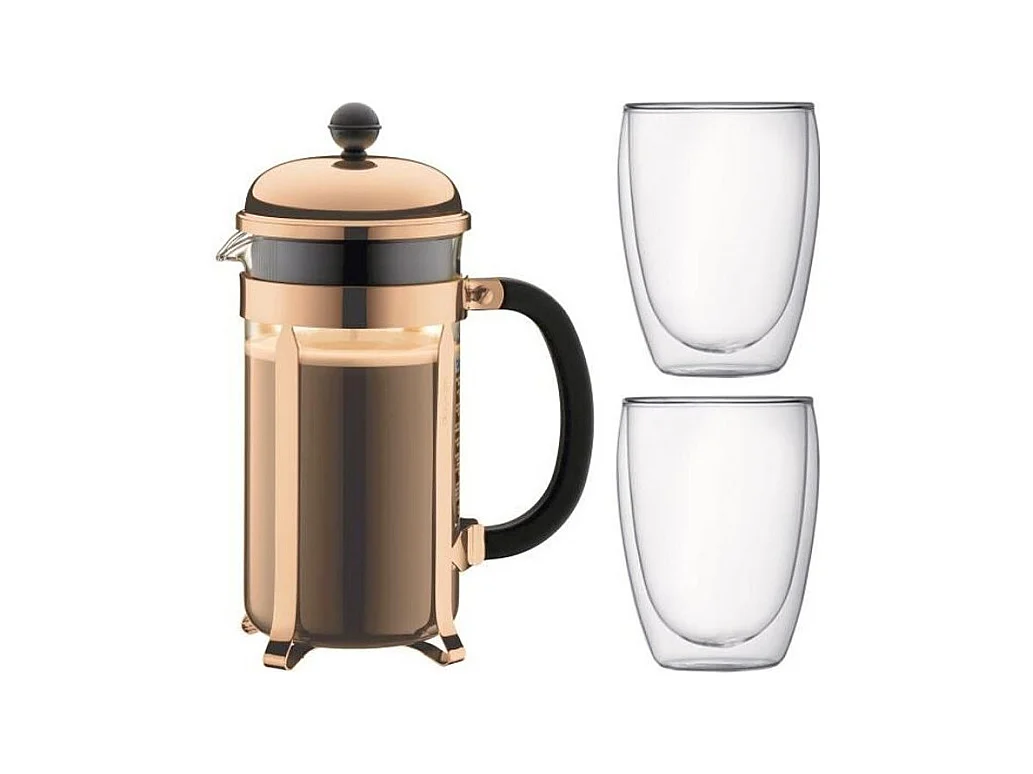 Ensemble Cafetière à Piston BODUM CHAMBORD - 8 Tasses - Marron - 1L avec 2 Verres Double Paroi Pavina 0,35l