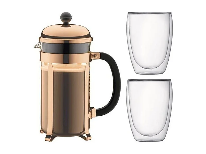 Set French Press BODUM CHAMBORD - 8 Tazze - Marrone - 1L con 2 Bicchieri a Doppia Parete Pavina 0,35l