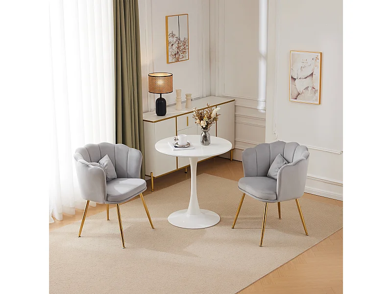 Chaise à manger en velours rembourré 2 pièces avec coussin et pieds en métal - dossier en pétales - bois - gris