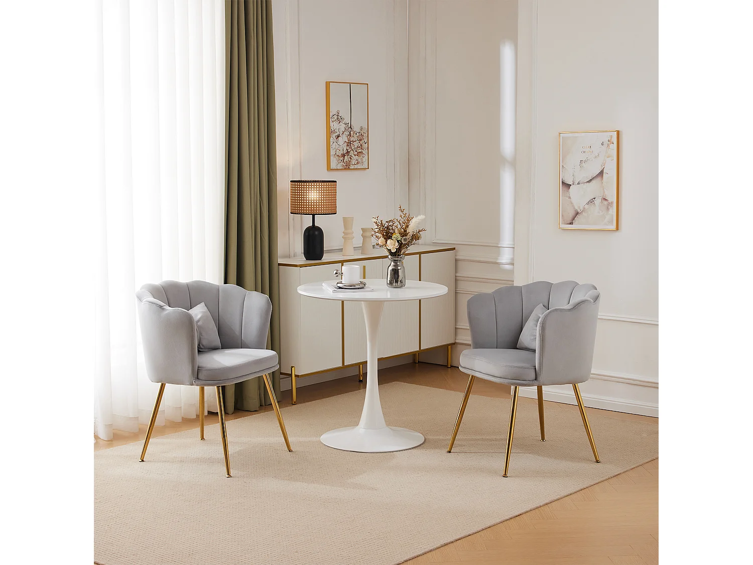 Lot de 2 fauteuils, design pétale, coussins inclus, assise ergonomique, velours gris