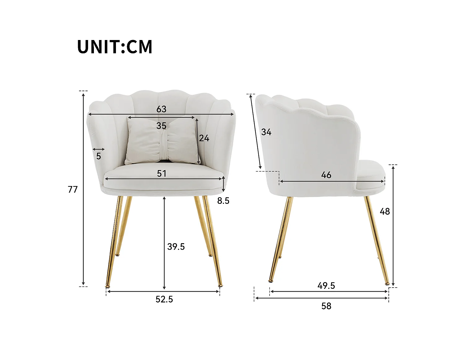 Chaise à manger en velours rembourré 2 pièces avec coussin et pieds en métal - dossier en pétales - bois - beige