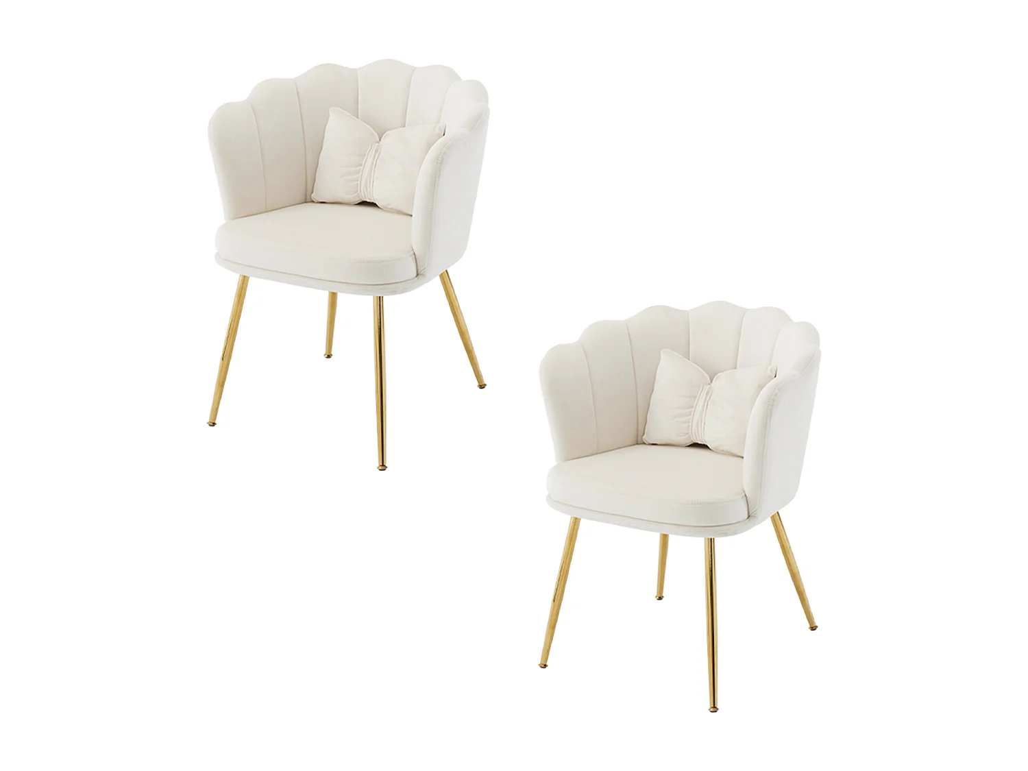 Gestoffeerde fluwelen eetkamerstoel met kussen en metalen poten - bloemblaadjesrugleuning - hout - beige (2 stuks)