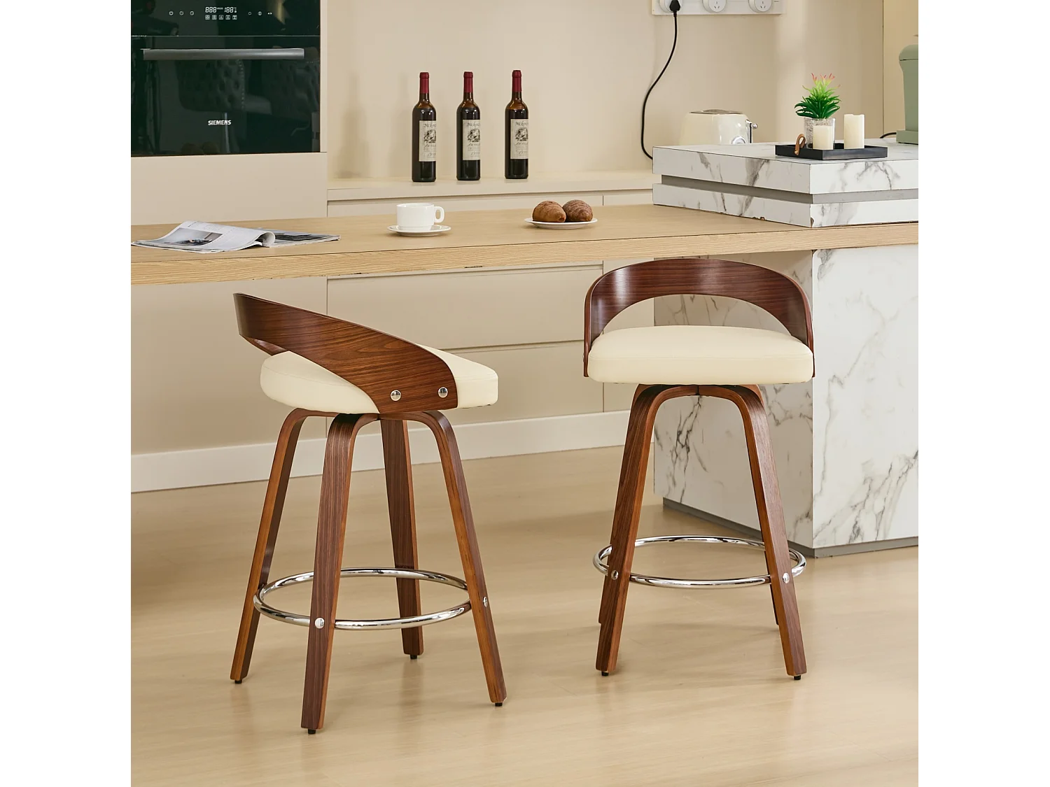 Lot de 2 tabourets de bar, assise pivotante 360 degrés, coussin épais, dossier bas, PU beige
