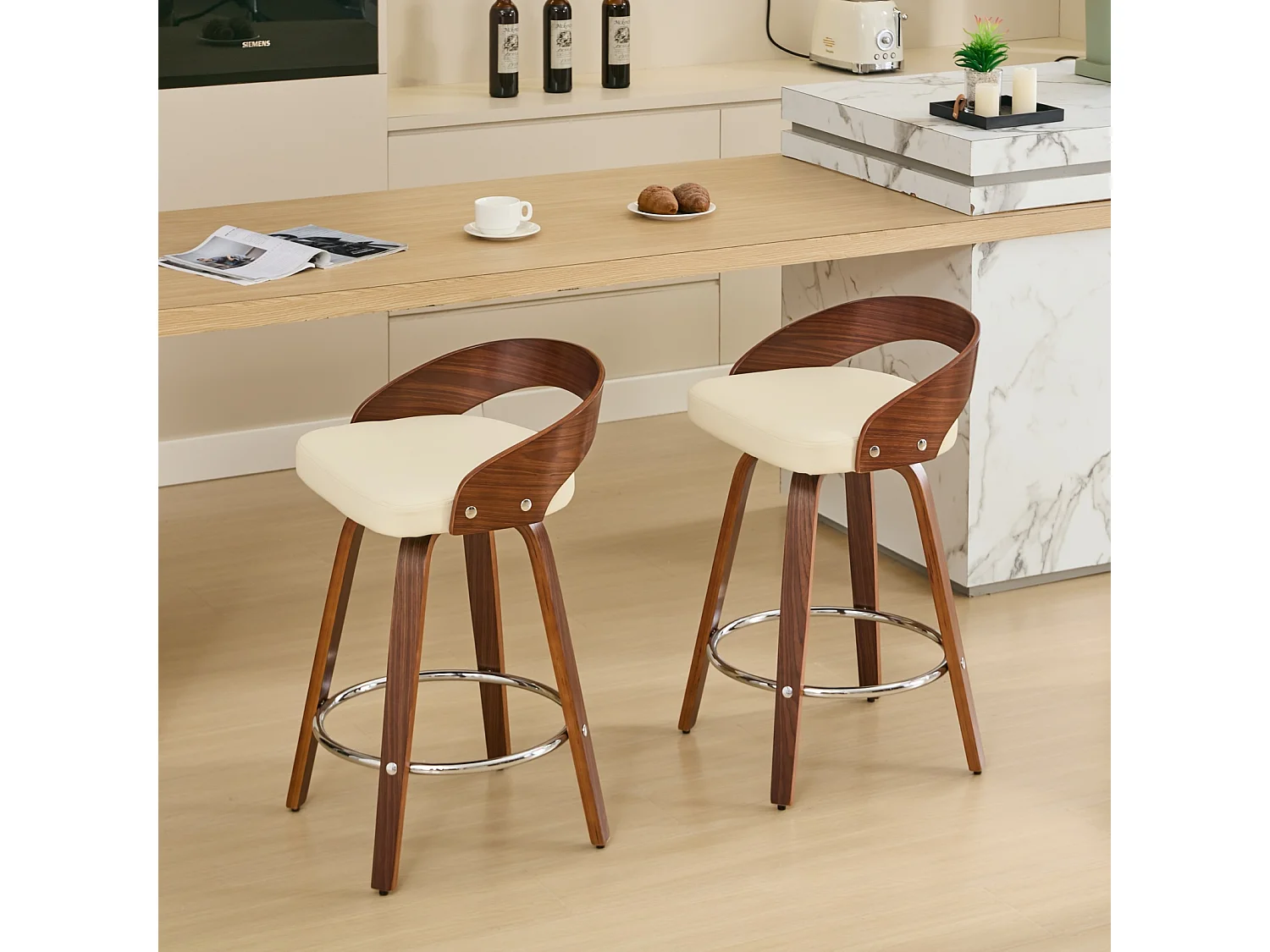 Lot de 2 tabourets de bar, assise pivotante 360 degrés, coussin épais, dossier bas, PU beige