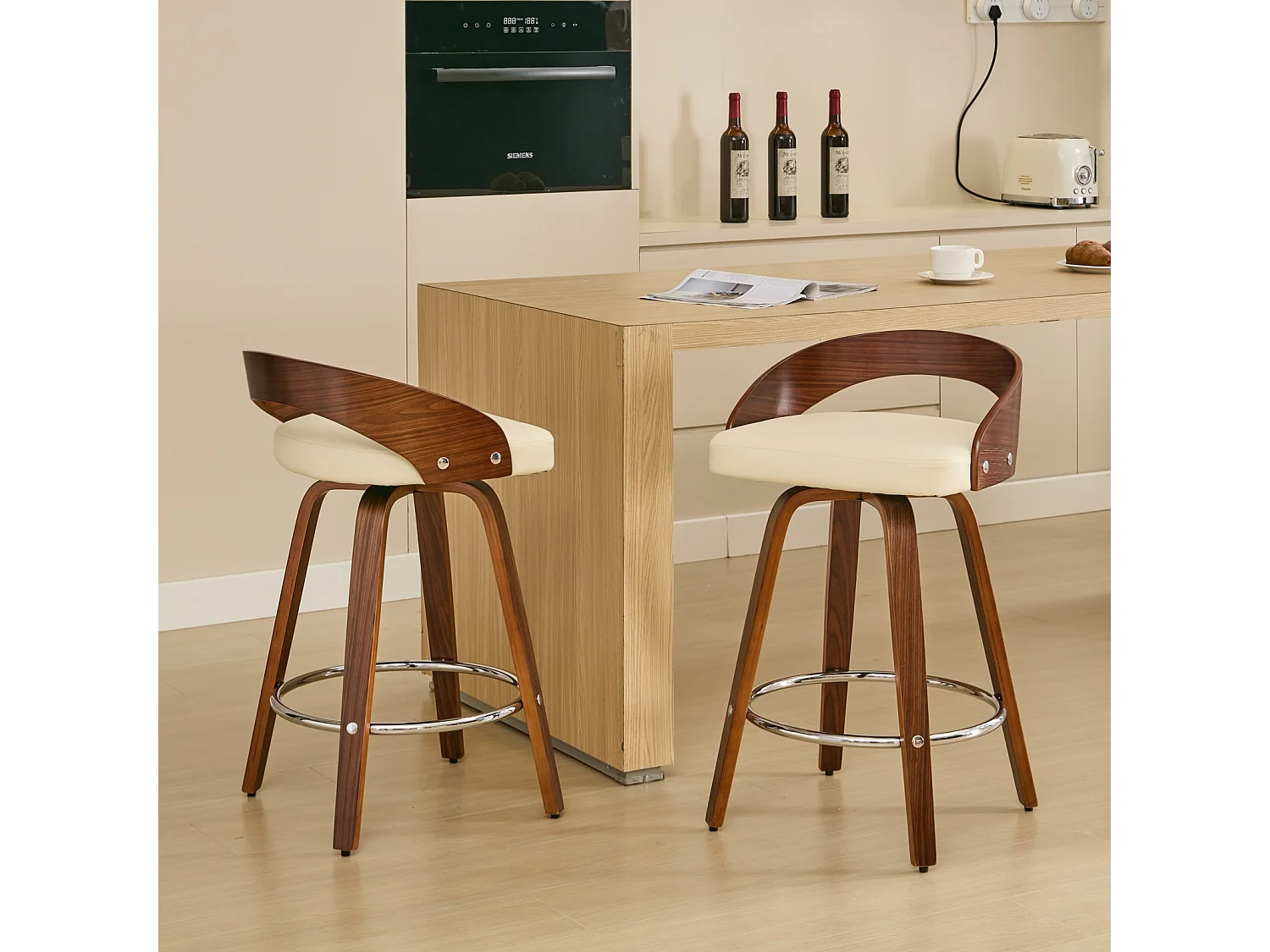 Lot de 2 tabourets de bar, assise pivotante 360 degrés, coussin épais, dossier bas, PU beige