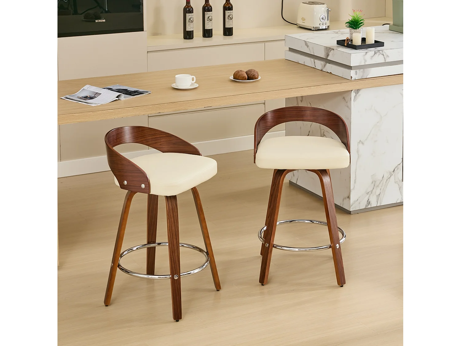 Lot de 2 tabourets de bar, assise pivotante 360 degrés, coussin épais, dossier bas, PU beige
