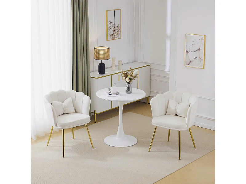 Gestoffeerde fluwelen eetkamerstoel met kussen en metalen poten - bloemblaadjesrugleuning - hout - beige (2 stuks)