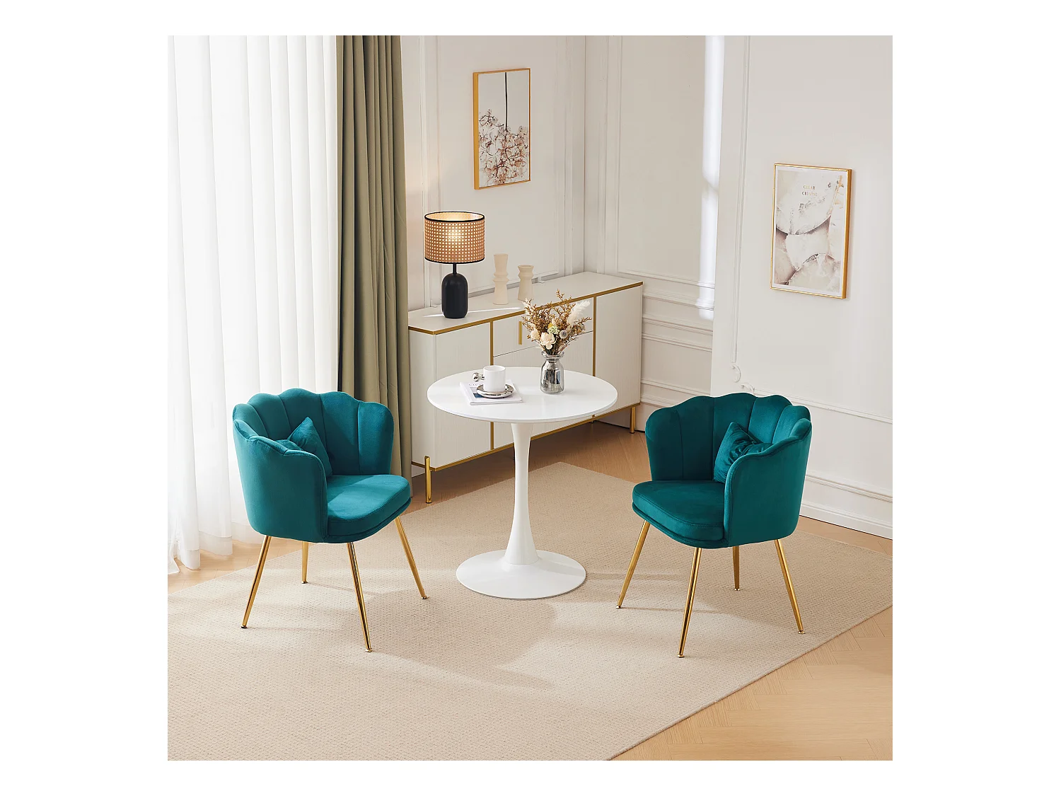 Chaise à manger en velours rembourré avec coussin et pieds en métal - dossier en pétales - bois - vert (2 pièces)
