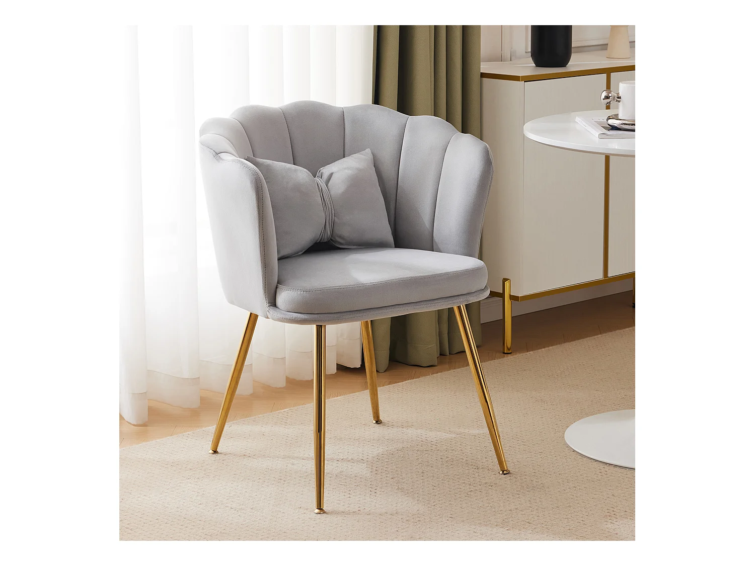 Chaise à manger en velours rembourré avec coussin et pieds en métal - dossier en pétales - bois - gris