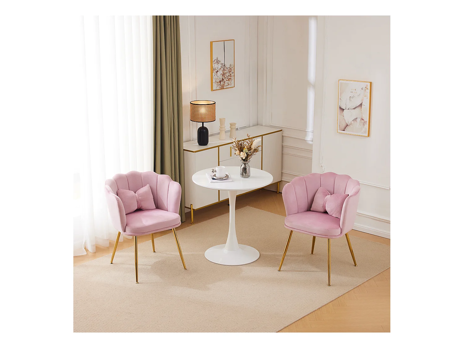 Chaise à manger en velours rembourré avec coussin et pieds en métal - dossier en pétales - bois - rose (2 pièces)