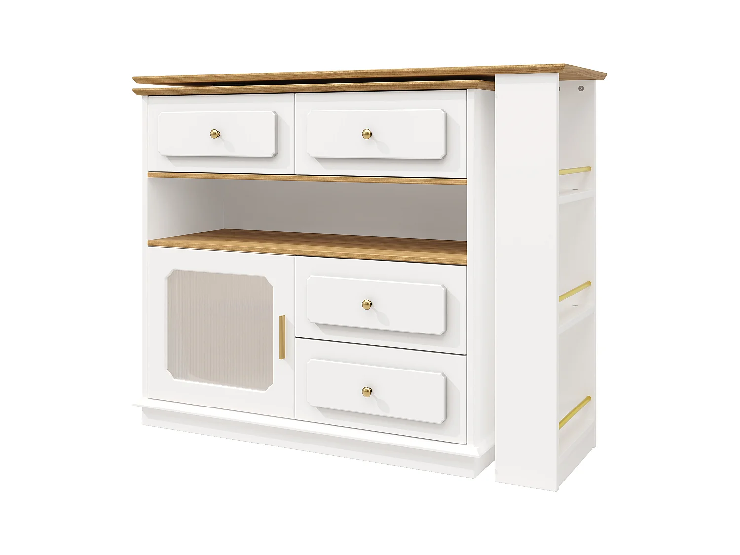 Desserte de cuisine 125/181x39x104.5 cm pivotant 1 porte et 4 tiroirs Îlot de cuisine avec rangement - plateau extensible  - blanc