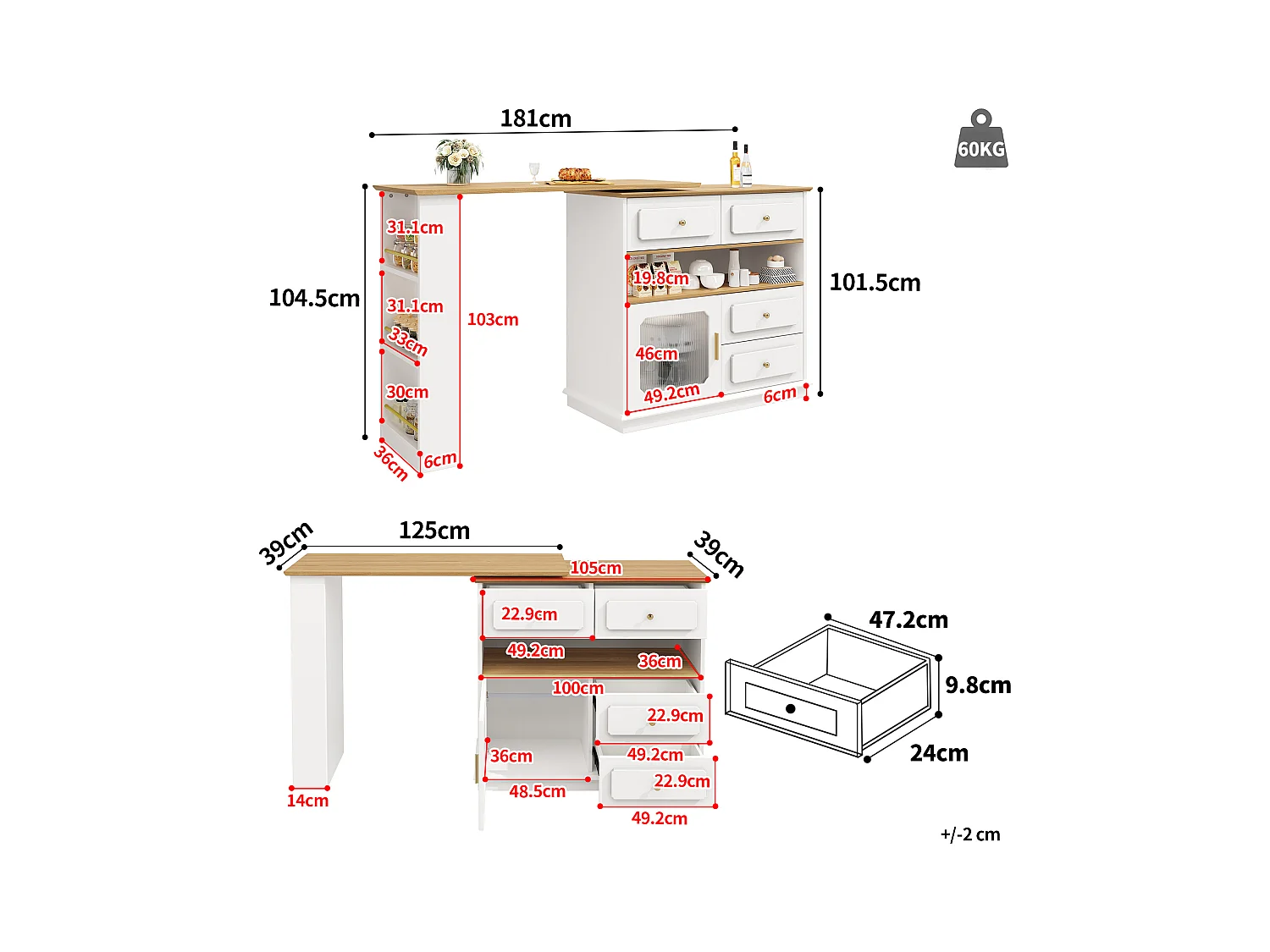 Desserte de cuisine 125/181x39x104.5 cm pivotant 1 porte et 4 tiroirs Îlot de cuisine avec rangement - plateau extensible  - blanc