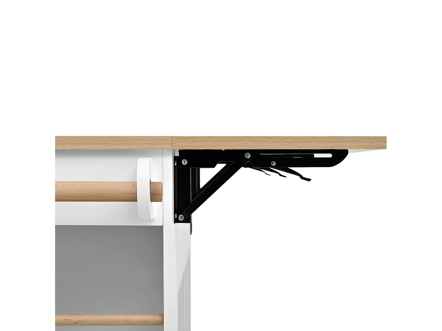 Îlot de cuisine 120x40-70x91.5 cm, plateau rabattable avec prises et USB, roulettes, support poubelle, MDF, blanc naturel