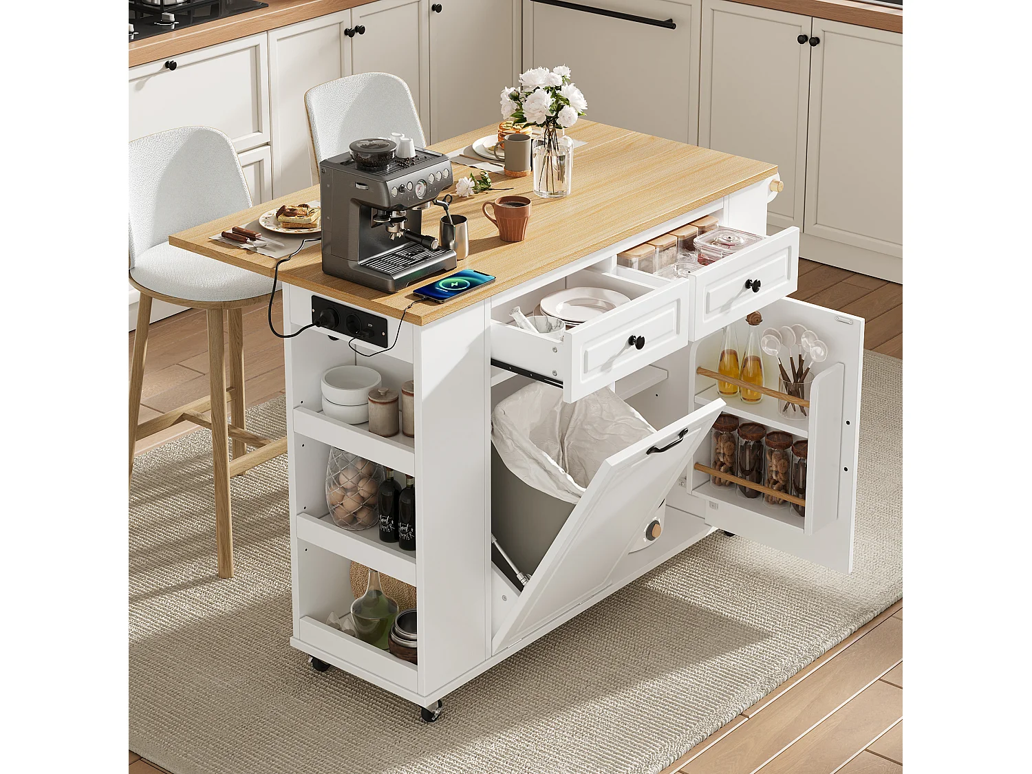 Îlot de cuisine 120x40-70x91.5 cm, plateau rabattable avec prises et USB, roulettes, support poubelle, MDF, blanc naturel