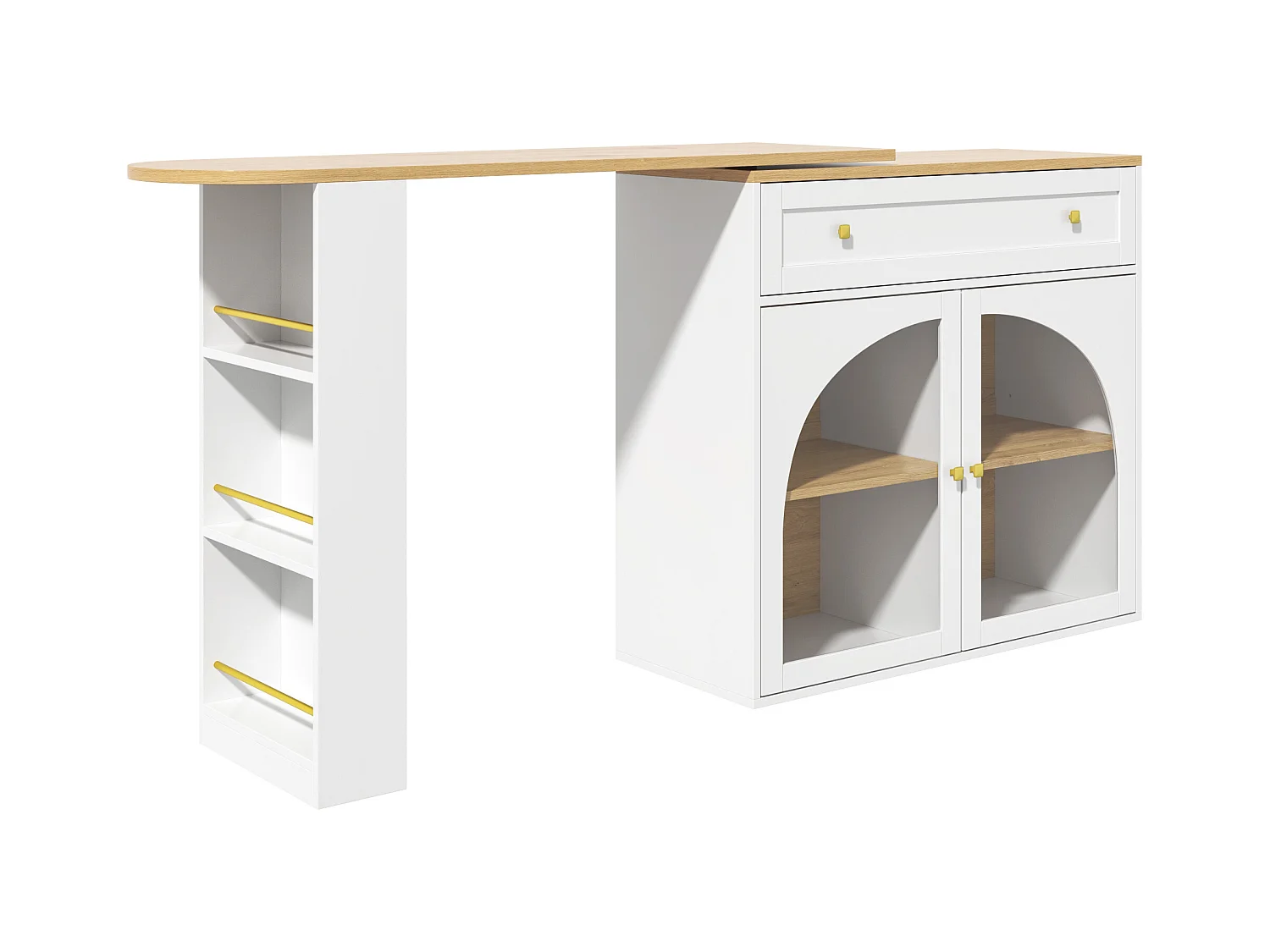 Meuble de bar pivotant 2 portes et 1 tiroir Îlot de cuisine avec plateau extensible (138-204)x39x104 cm - rangement ouvert - blanc