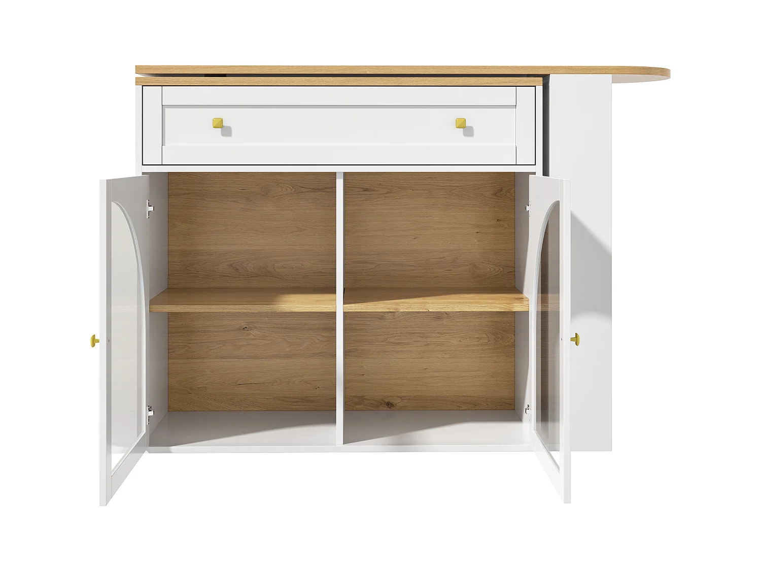 Meuble de bar pivotant 2 portes et 1 tiroir Îlot de cuisine avec plateau extensible (138-204)x39x104 cm - rangement ouvert - blanc