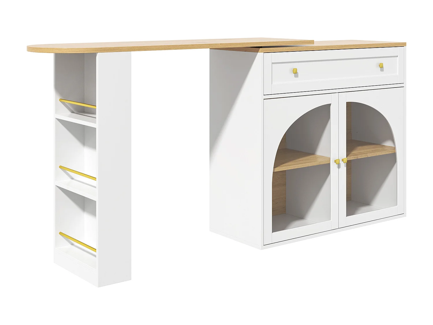 Desserte de cuisine 138/204x39x104 cm pivotant 2 portes et 1 tiroir Îlot de cuisine avec plateau extensible - rangement ouvert - blanc