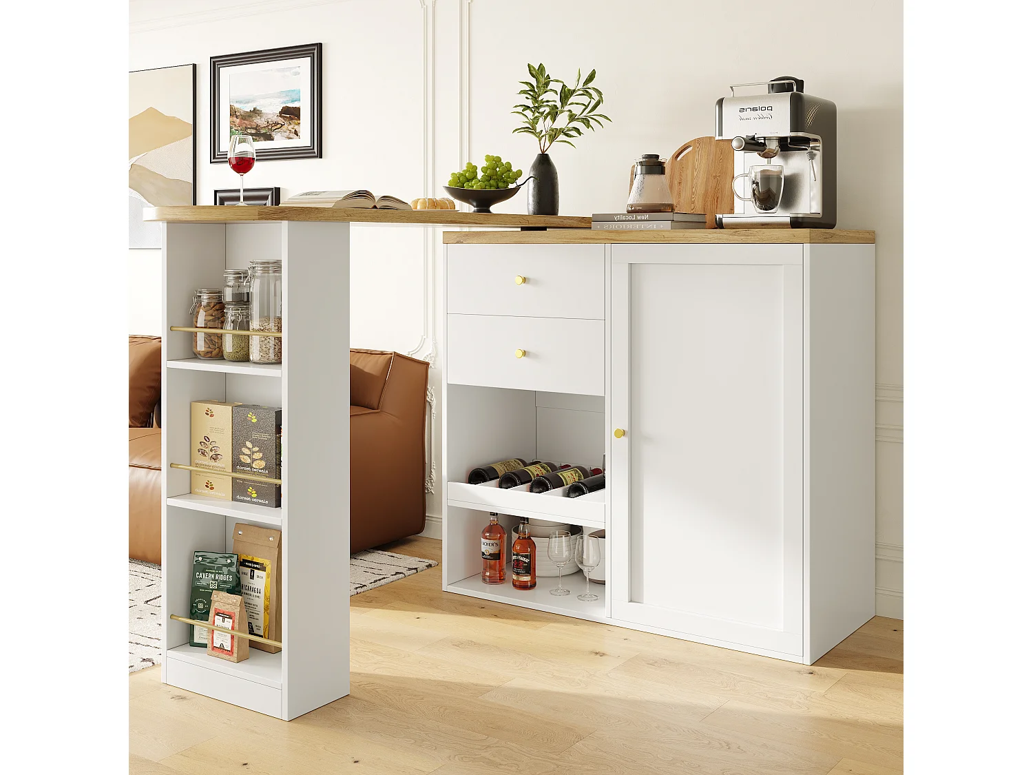 Meuble de bar pivotant en bois avec 1 porte et 2 tiroirs Îlot de cuisine avec rangement 138x39x102 cm - blanc
