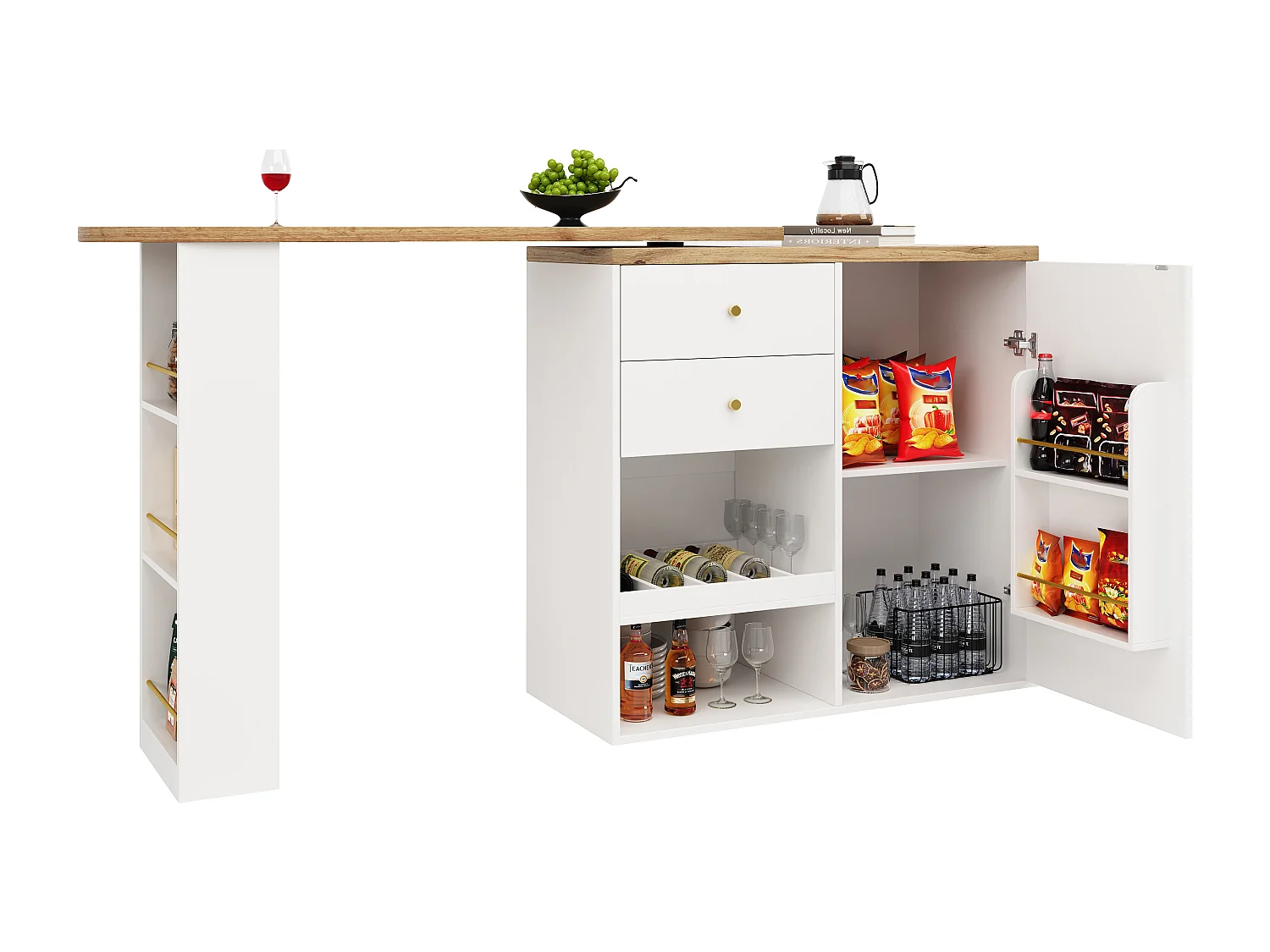 Buffet d'angle 105x39x102 cm, design pivotant, 4 tiroirs, étagères latérales 3 niveaux, MDF blanc