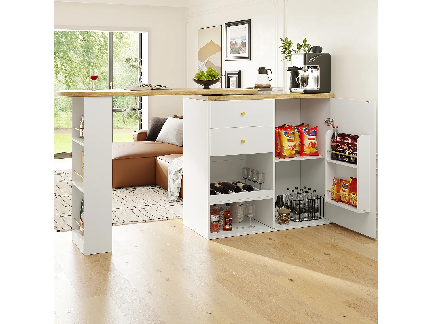 Buffet d'angle 105x39x102 cm, design pivotant, 4 tiroirs, étagères latérales 3 niveaux, MDF blanc