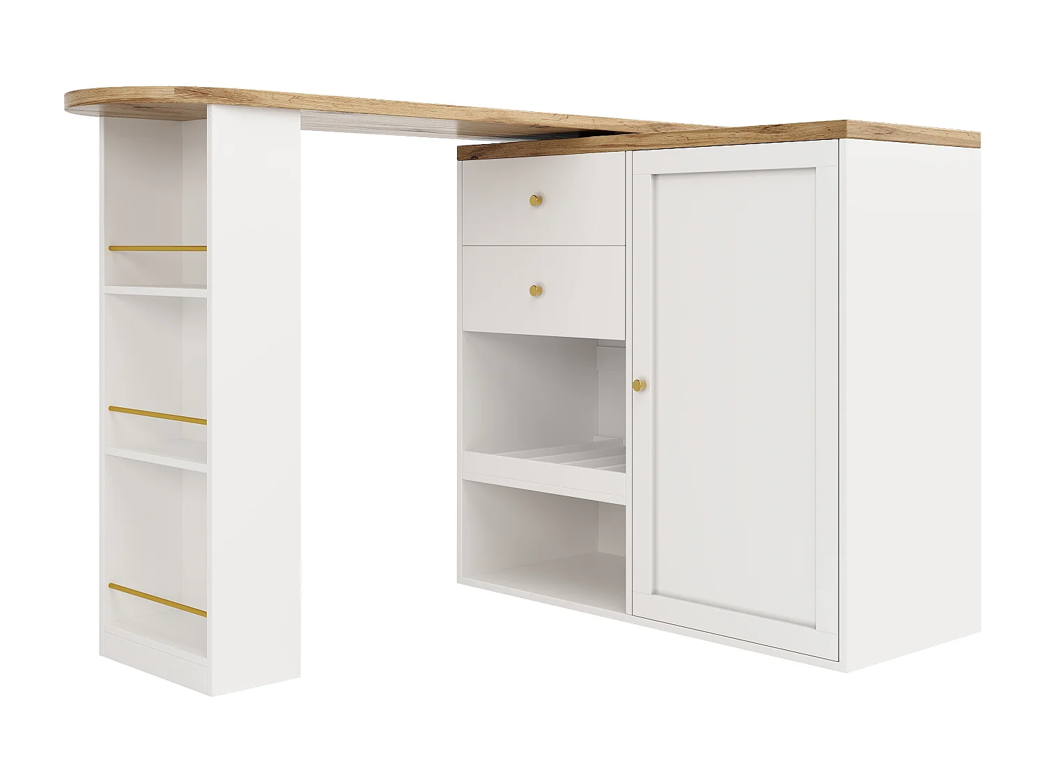 Buffet d'angle 105x39x102 cm, design pivotant, 4 tiroirs, étagères latérales 3 niveaux, MDF blanc