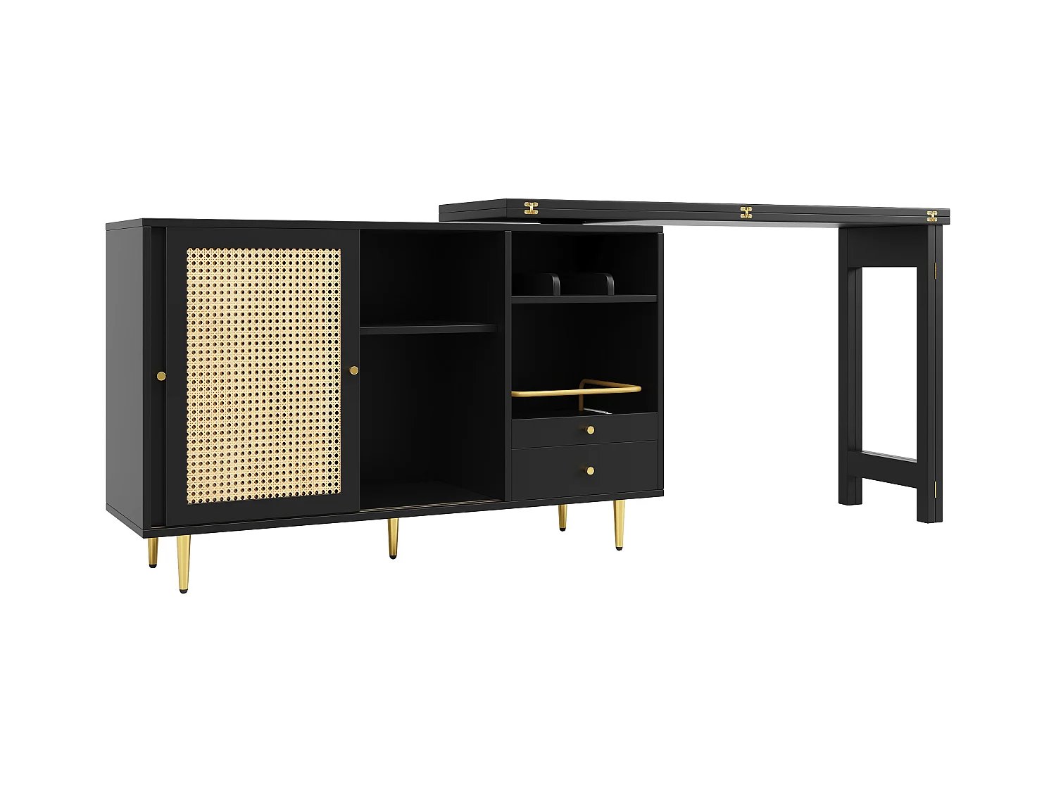 Meuble de bar pivotant (120-187)x79.8x76 cm 2 portes en rotin Îlot de cuisine avec rangement - plateau extensible - noir