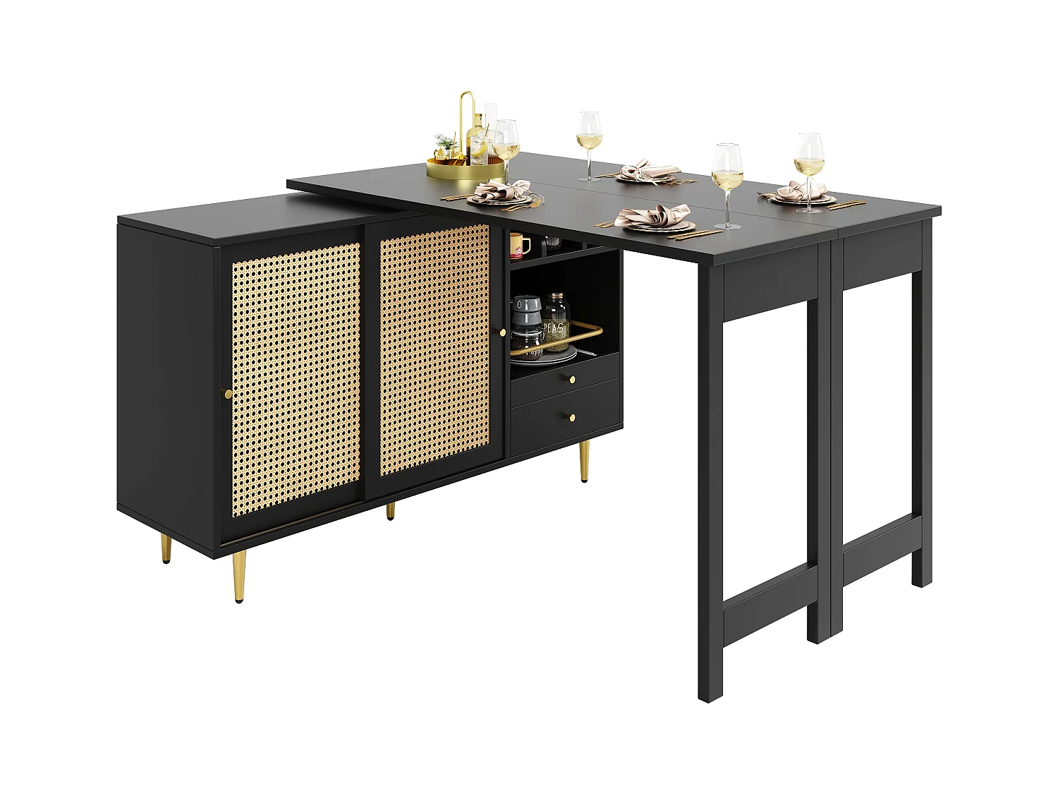 Meuble de bar pivotant (120-187)x79.8x76 cm 2 portes en rotin Îlot de cuisine avec rangement - plateau extensible - noir