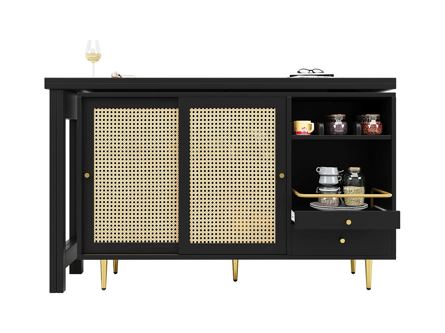 Meuble de bar pivotant (120-187)x79.8x76 cm 2 portes en rotin Îlot de cuisine avec rangement - plateau extensible - noir