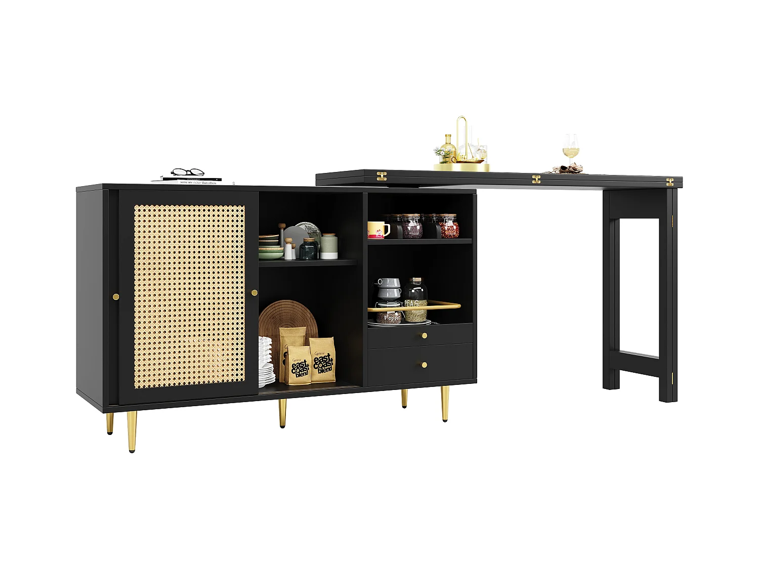 Meuble de bar pivotant (120-187)x79.8x76 cm 2 portes en rotin Îlot de cuisine avec rangement - plateau extensible - noir