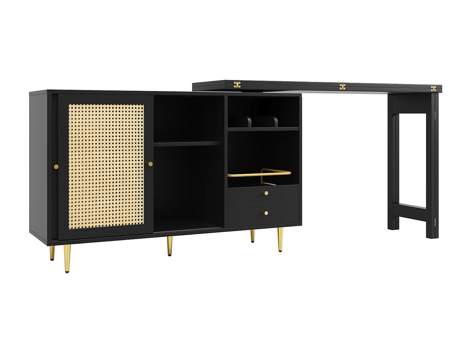 Rotan 2-deurs draaibare bartafel keukeneiland met opbergruimte - uitschuifbaar blad (120-187) x 79,8 x 76 cm - zwart