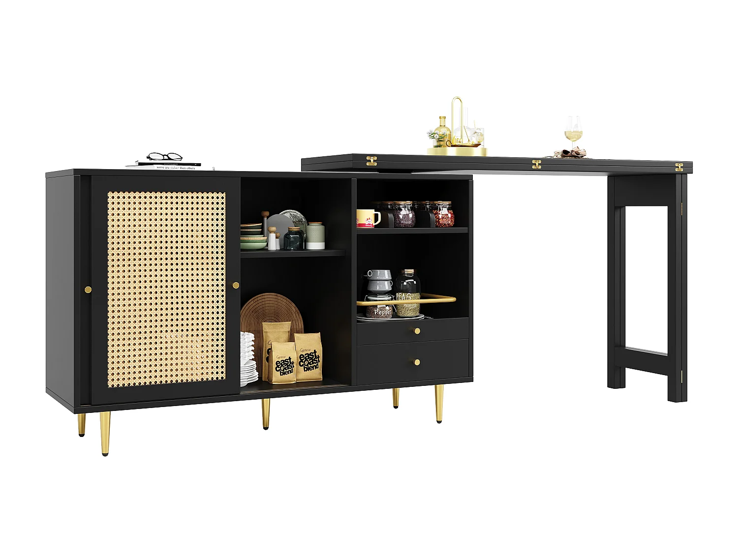 Rotan 2-deurs draaibare bartafel keukeneiland met opbergruimte - uitschuifbaar blad (120-187) x 79,8 x 76 cm - zwart