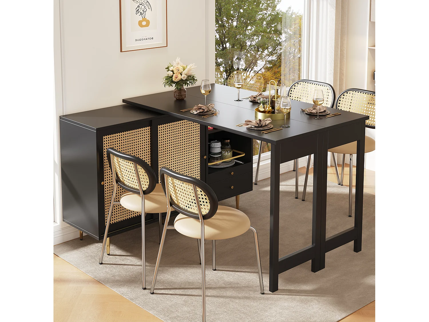 Table haute 107x40x71.4 cm, plateau pivotant 360° et extensible, rangement avec porte en rotin et tiroir, MDF noir