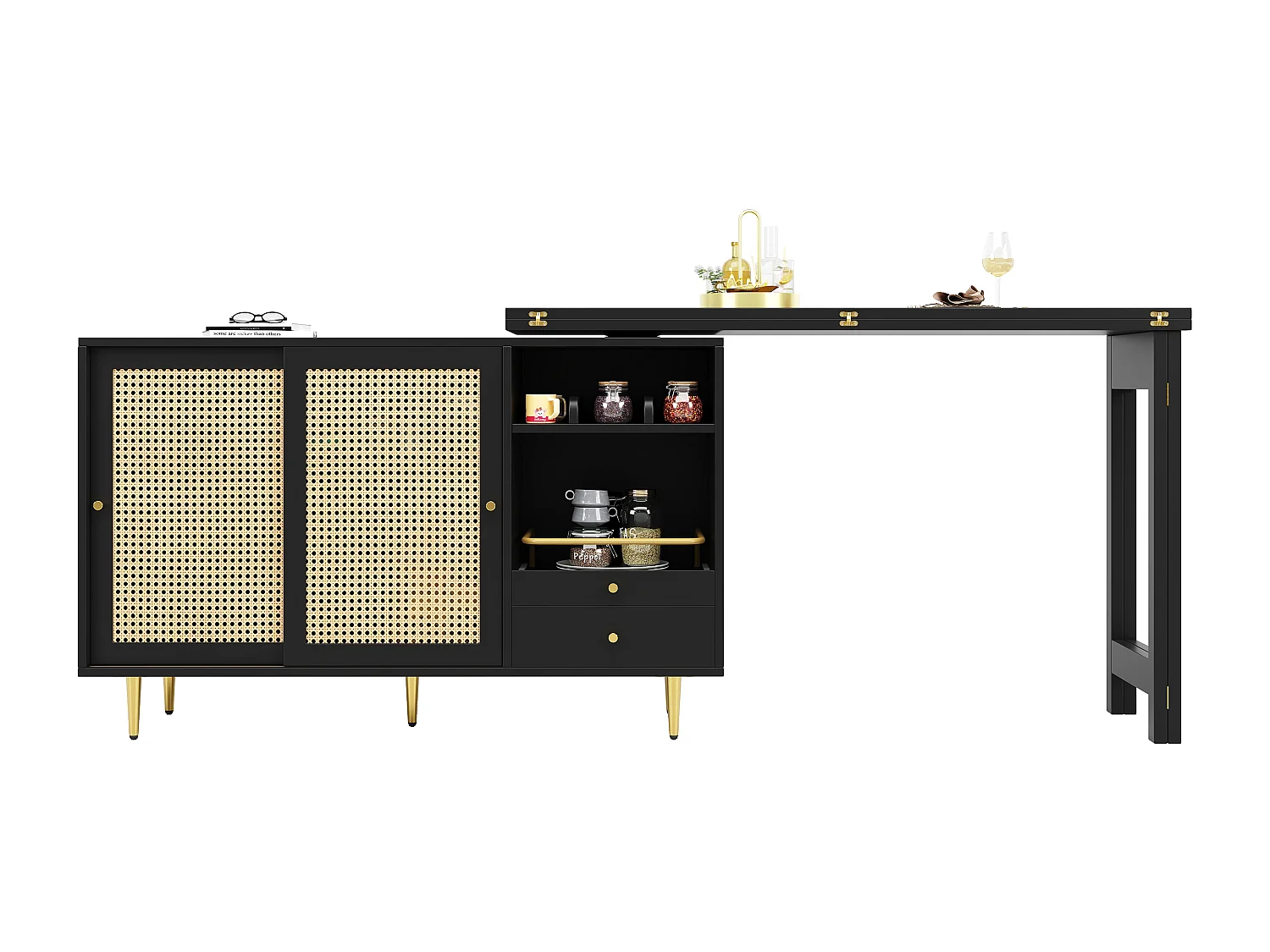 Table haute 107x40x71.4 cm, plateau pivotant 360° et extensible, rangement avec porte en rotin et tiroir, MDF noir