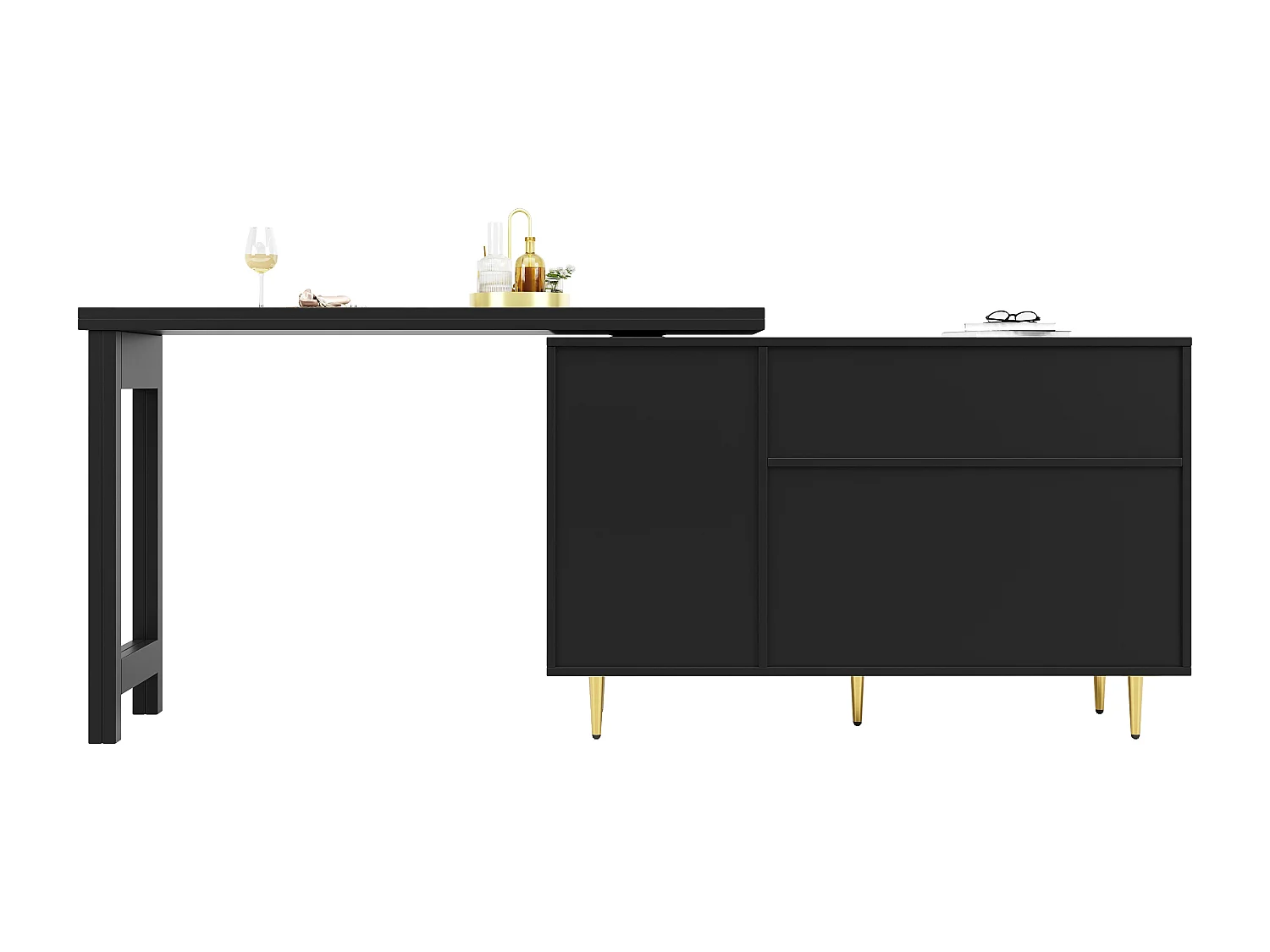 Table haute 107x40x71.4 cm, plateau pivotant 360° et extensible, rangement avec porte en rotin et tiroir, MDF noir