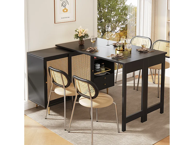 Meuble de bar pivotant (120-187)x79.8x76 cm 2 portes en rotin Îlot de cuisine avec rangement - plateau extensible - noir