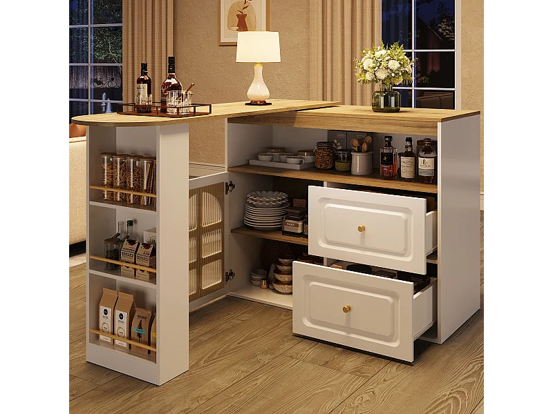 Desserte de cuisine 138/204x39x104 cm pivotant en bois avec 1 porte vitrée 2 tiroirs buffet avec rangement - blanc