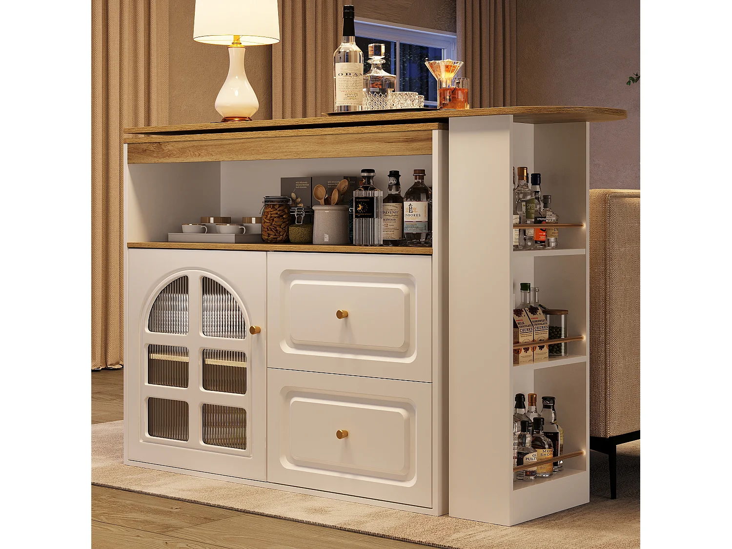 Buffet extensible 138x39x104 cm, pivotant à 360°, 2 tiroirs, rangement avec étagères, MDF blanc