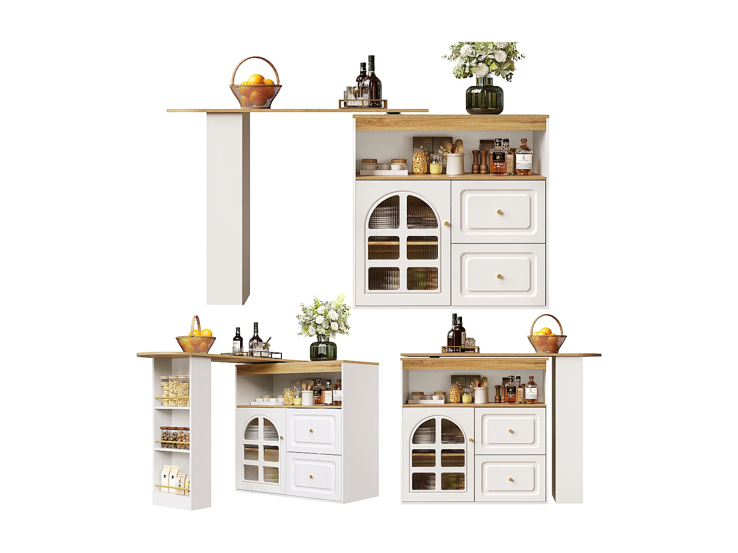 Buffet extensible 138x39x104 cm, pivotant à 360°, 2 tiroirs, rangement avec étagères, MDF blanc